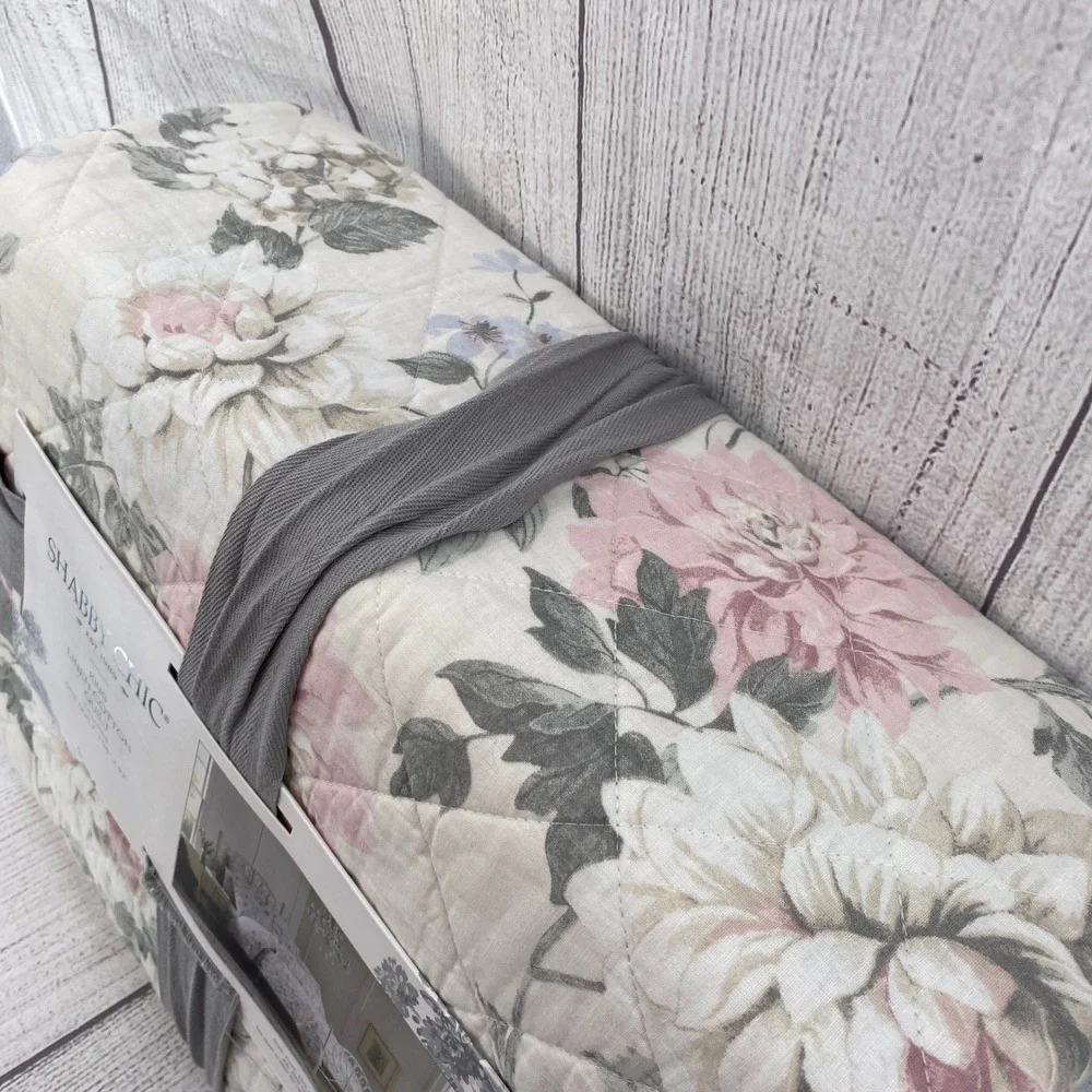 Shabby Chic Linen Cotton Quilt KING Pink Rose Floral Cream Bedding Romantic